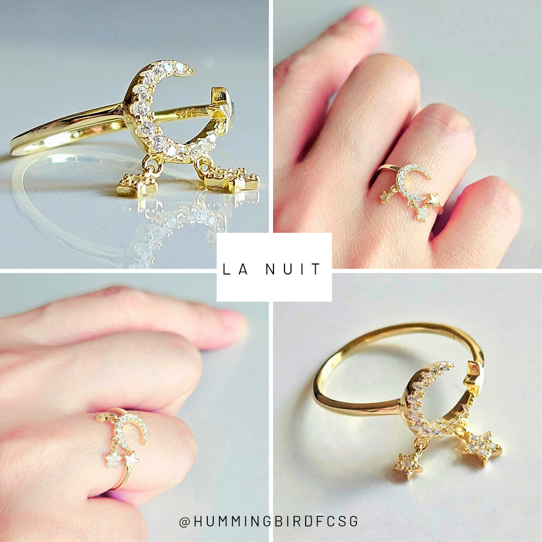 925 STERLING SILVER GOLD-PLATED MOON & STARS RING