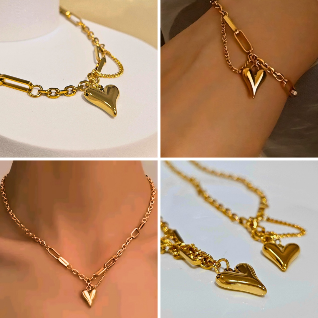 STAINLESS STEEL GOLD HEART NECKLACE & BRACELET SET
