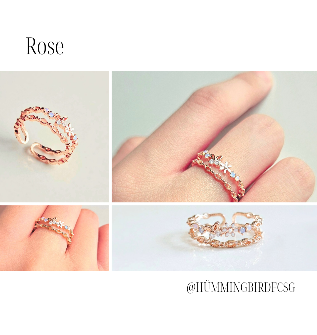 925 STERLING SILVER 2-LAYERED ROSE GOLD RING WITH CUBIC ZIRCONIA FLORALS