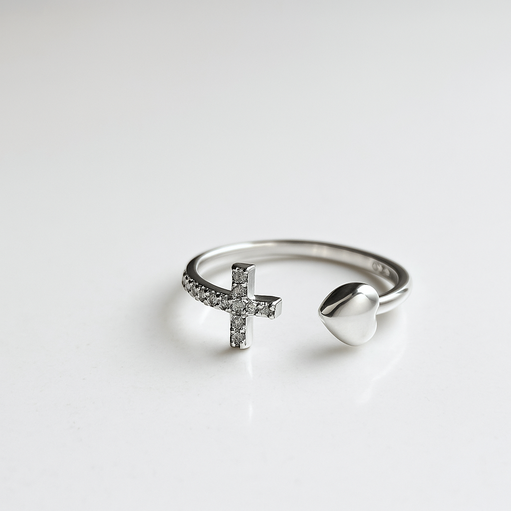 925 STERLING SILVER CROSS AND HEART RING