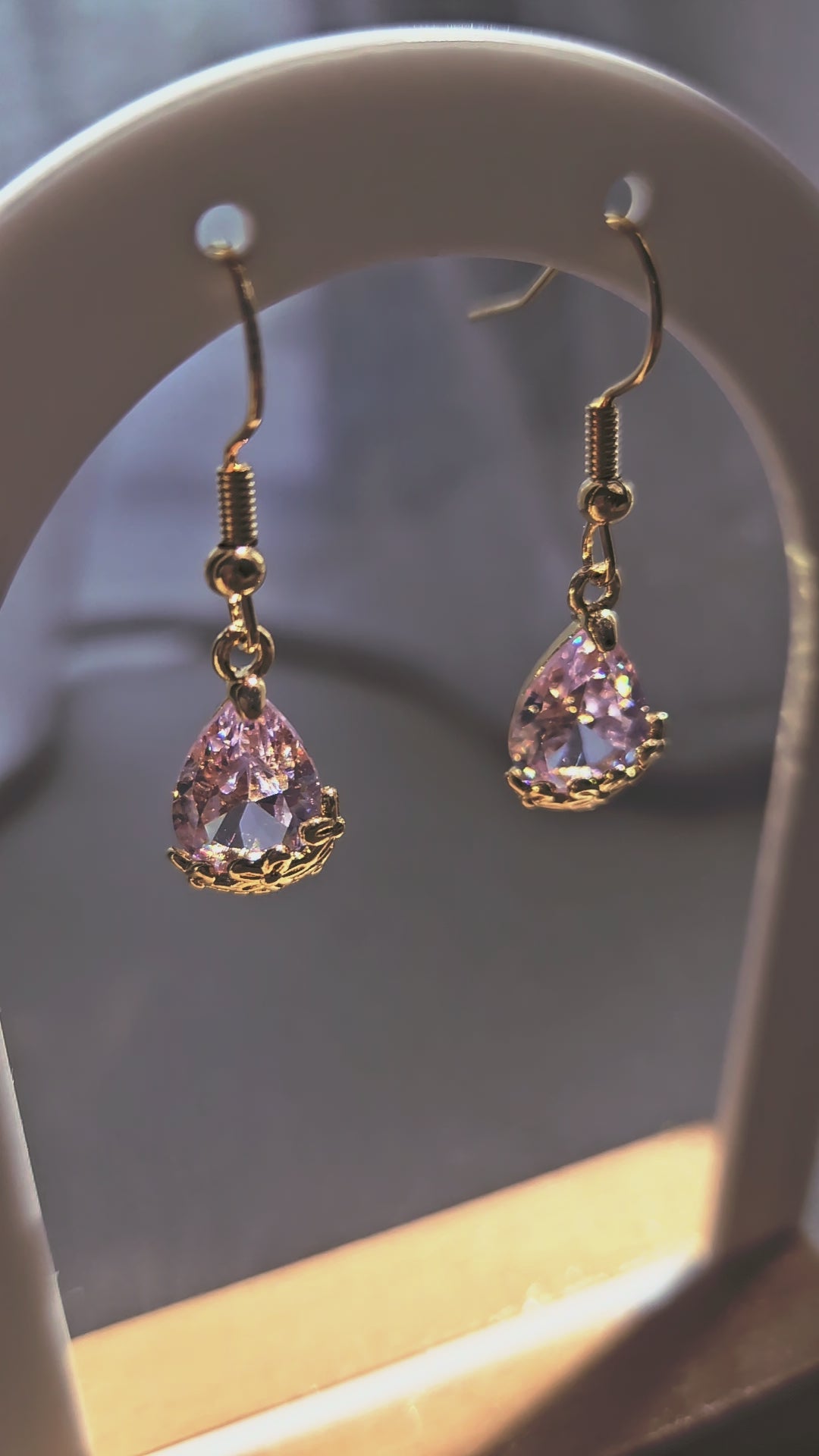 PINK CRYSTAL TEARDROP EARRINGS WITH CUBIC ZIRCONIA