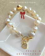 CULTURED PEARL & RHINESTONES BRACELET WITH 18K GOLD-PLATED HEART CHARM