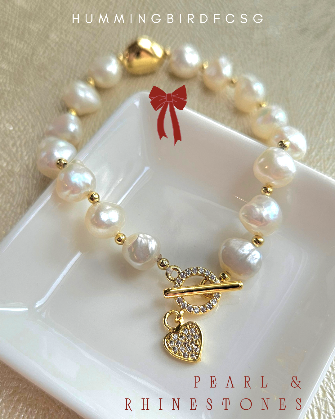 CULTURED PEARL & RHINESTONES BRACELET WITH 18K GOLD-PLATED HEART CHARM