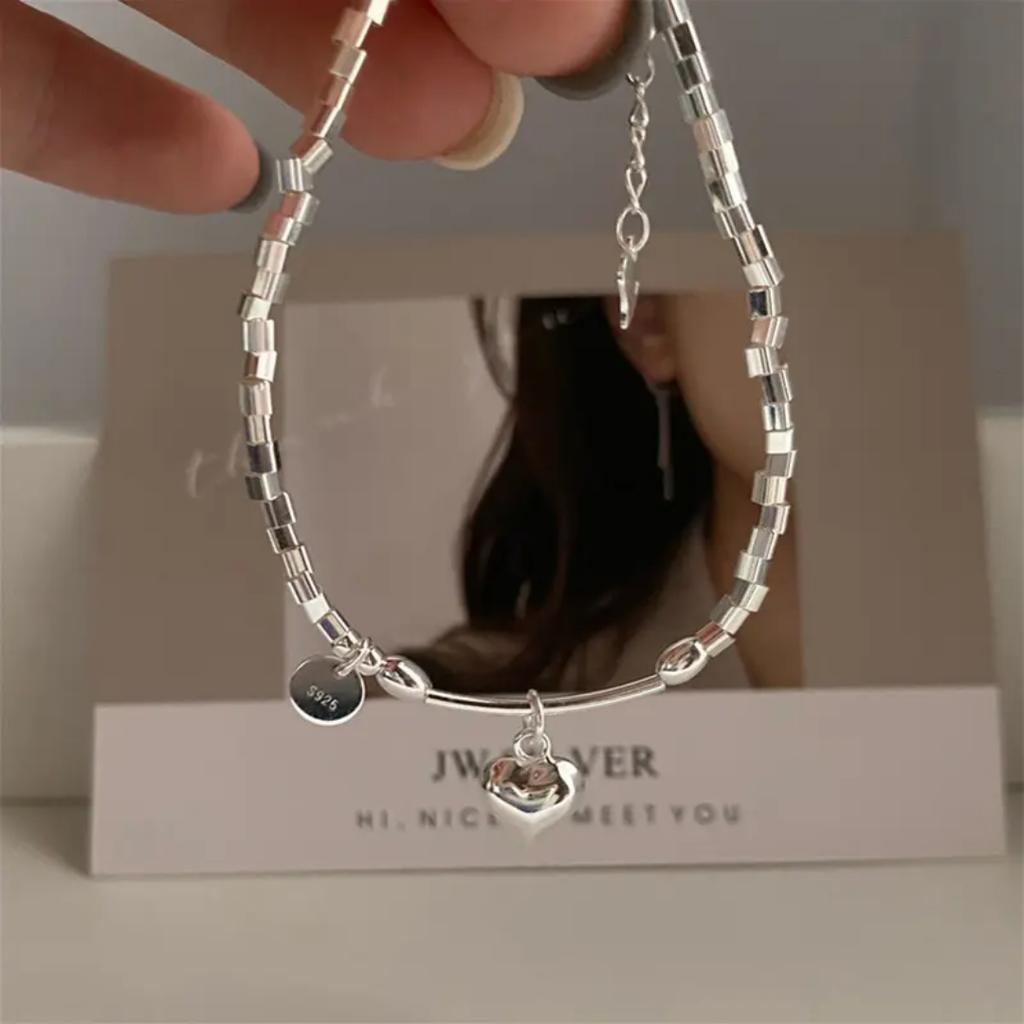 925 STERLING SILVER HEART CHARM SILVER BEADS BRACELET