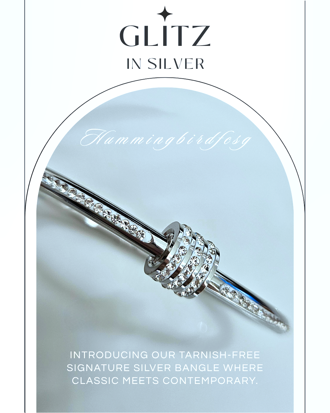 STAINLESS STEEL SILVER BANGLE WITH RHINESTONES