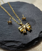 STAINLESS STEEL 18K GOLD-PLATED BOW NECKLACE & EARRINGS SET