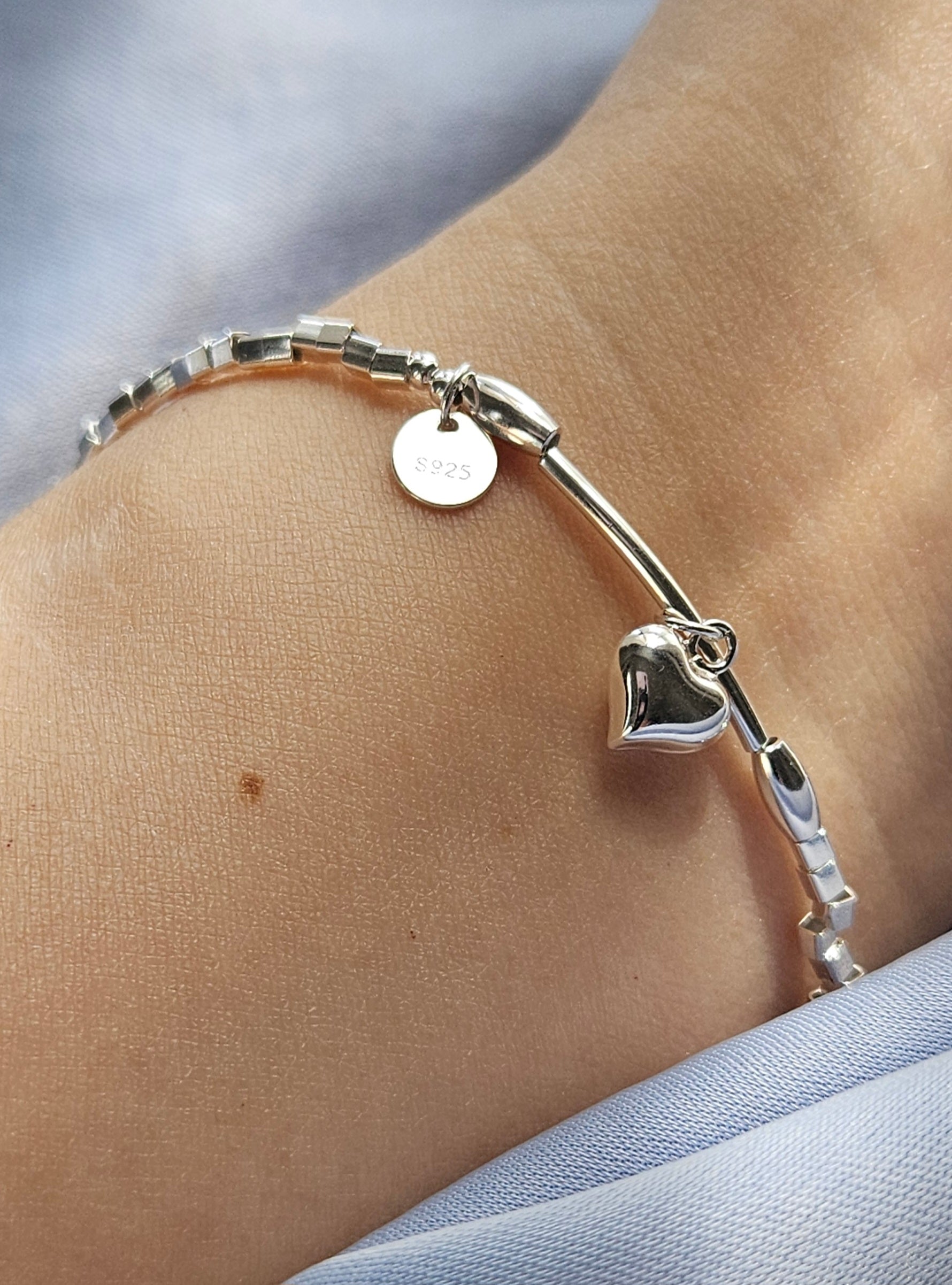925 STERLING SILVER HEART CHARM SILVER BEADS BRACELET
