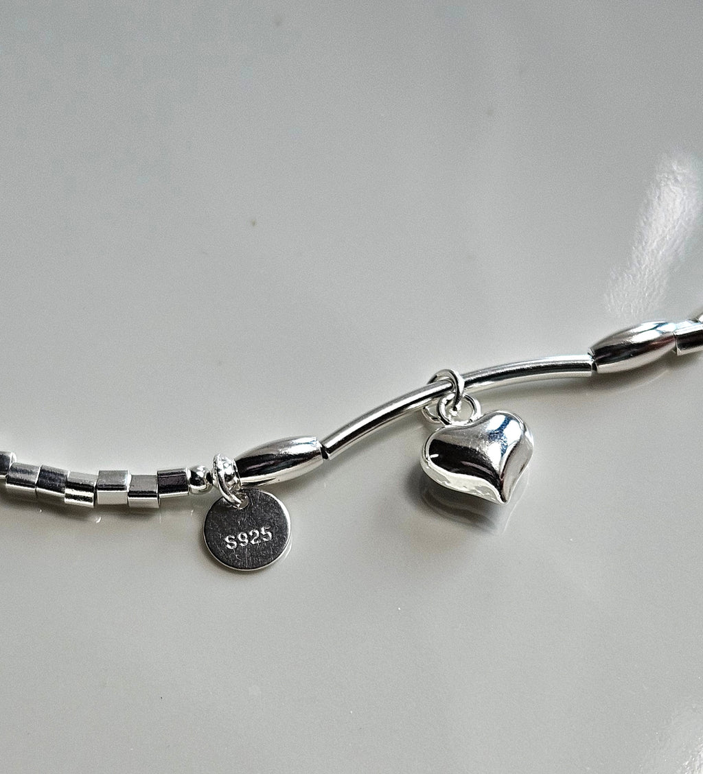 925 STERLING SILVER HEART CHARM SILVER BEADS BRACELET