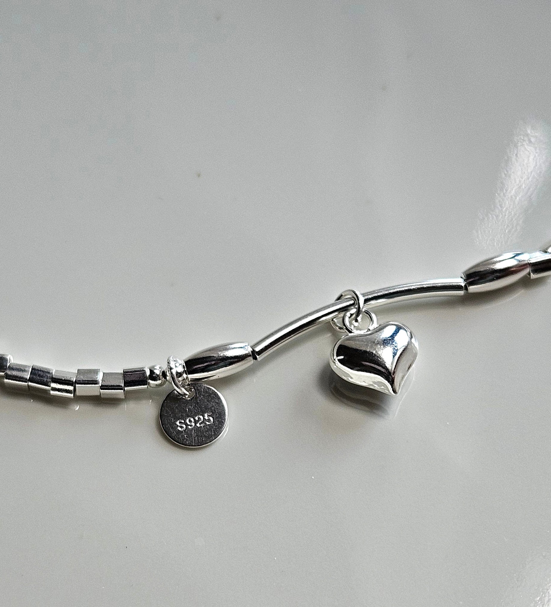 925 STERLING SILVER HEART CHARM SILVER BEADS BRACELET