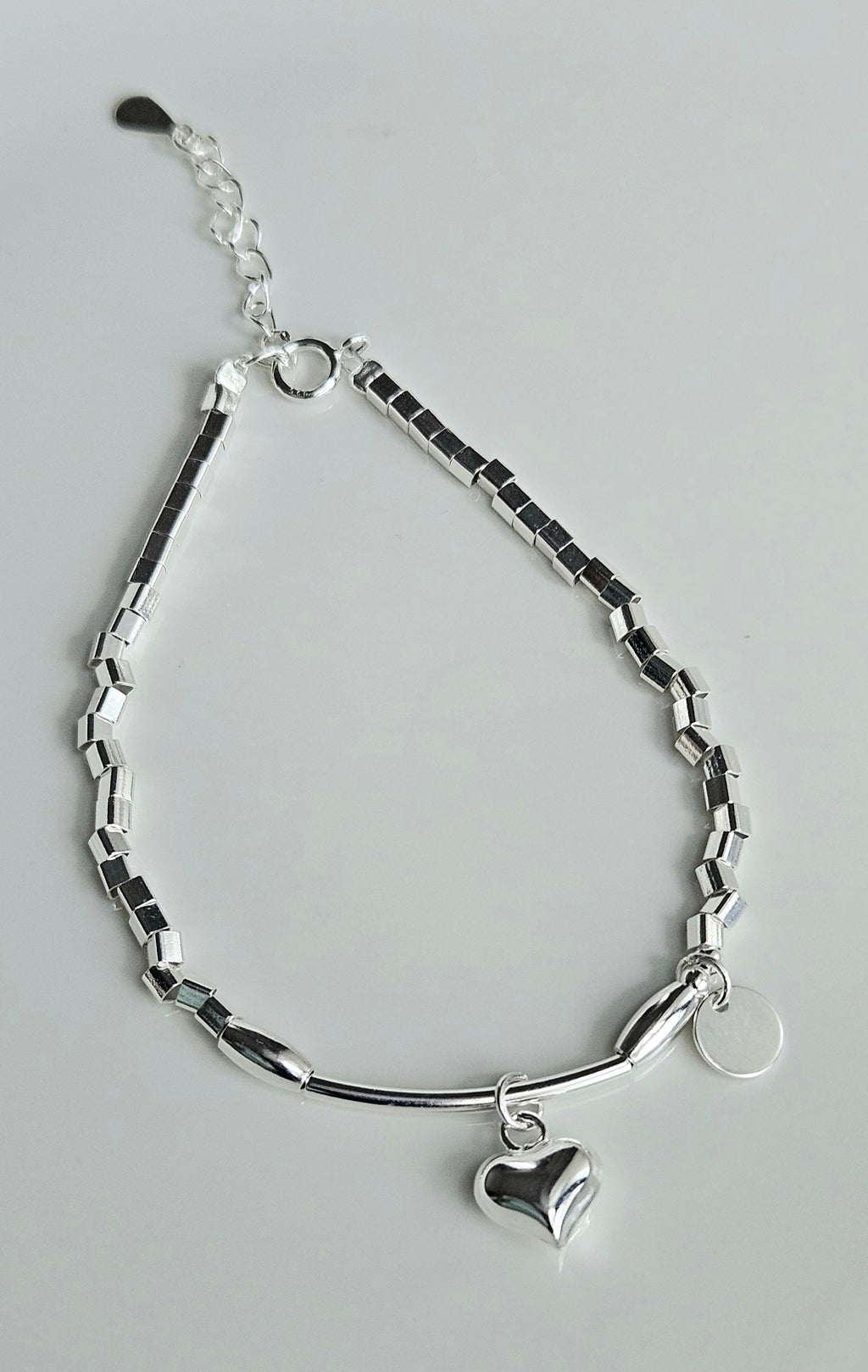 925 STERLING SILVER HEART CHARM SILVER BEADS BRACELET