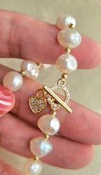 CULTURED PEARL & RHINESTONES BRACELET WITH 18K GOLD-PLATED HEART CHARM