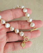 CULTURED PEARL & RHINESTONES BRACELET WITH 18K GOLD-PLATED HEART CHARM