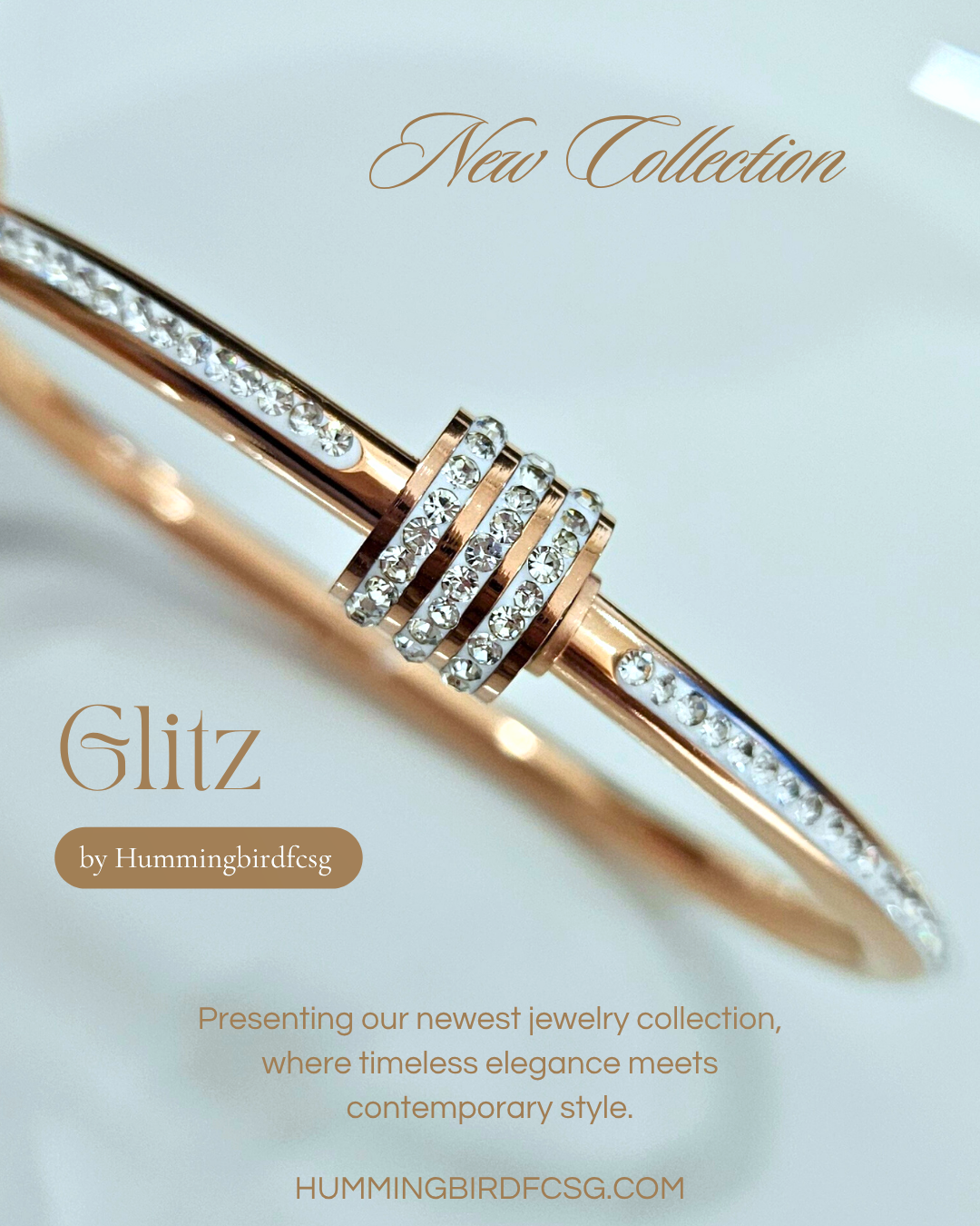 STAINLESS STEEL ROSE GOLD BANGLE WITH RHINESTONES