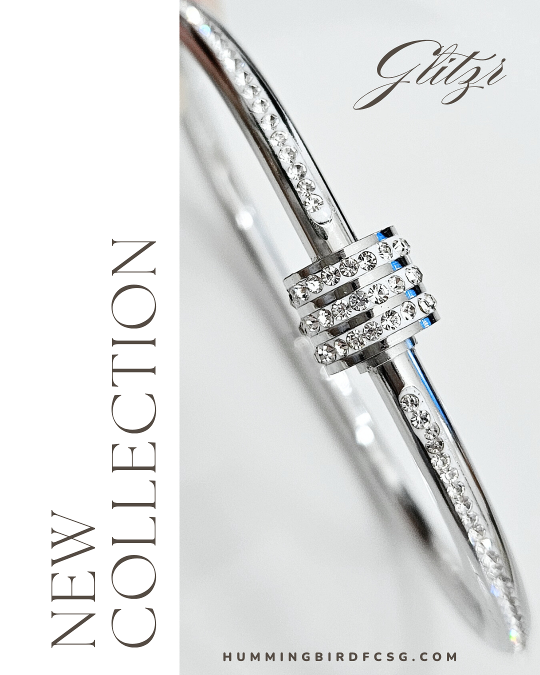 STAINLESS STEEL SILVER BANGLE WITH RHINESTONES