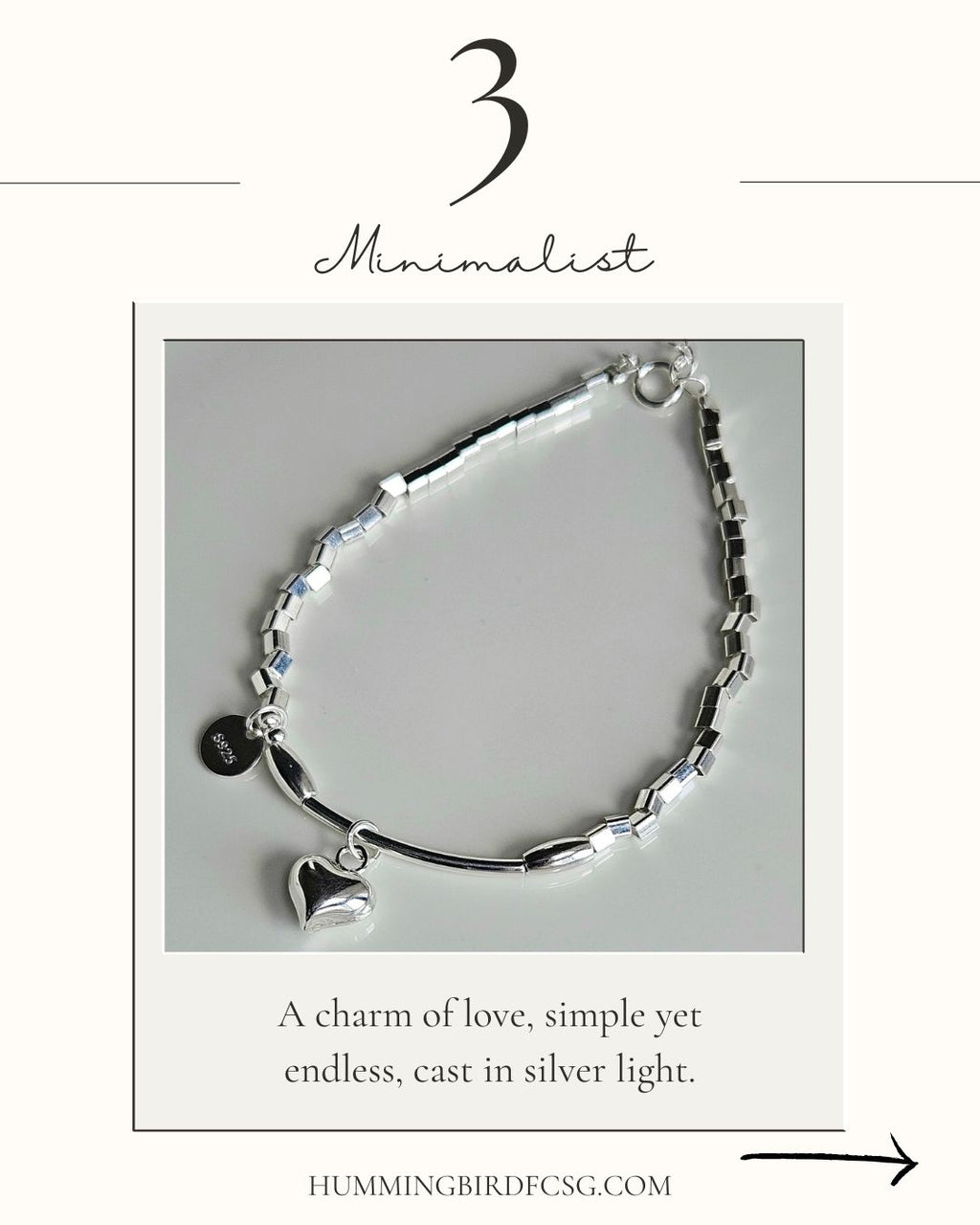 925 STERLING SILVER HEART CHARM SILVER BEADS BRACELET