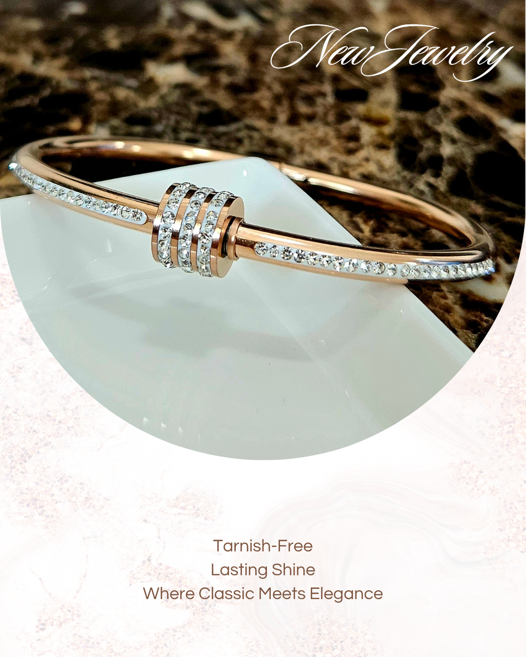 STAINLESS STEEL ROSE GOLD BANGLE WITH RHINESTONES