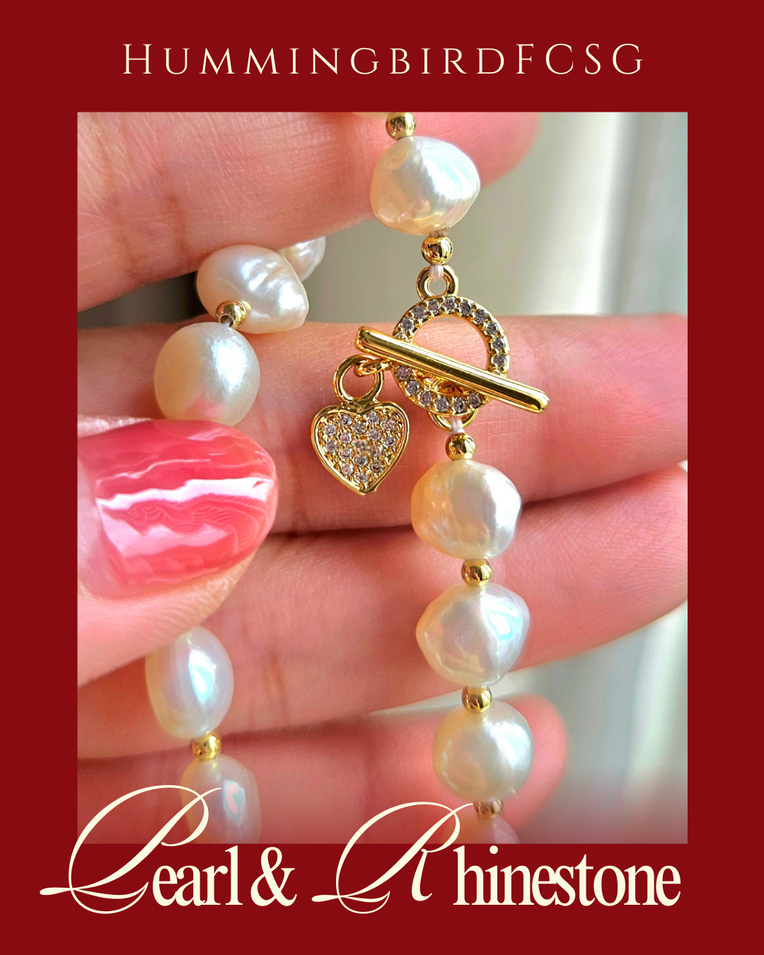 CULTURED PEARL & RHINESTONES BRACELET WITH 18K GOLD-PLATED HEART CHARM