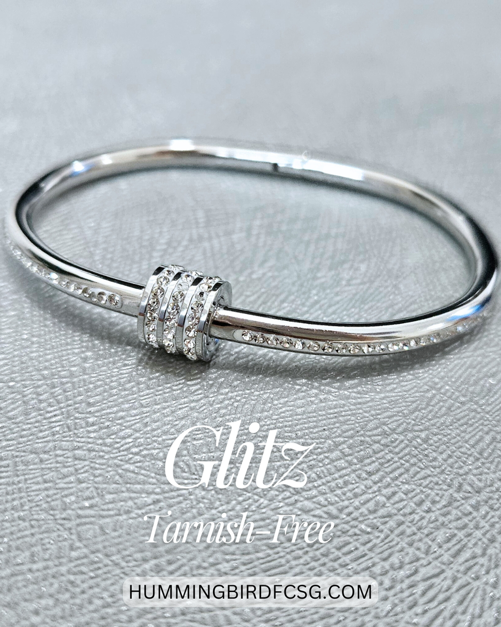 STAINLESS STEEL SILVER BANGLE WITH RHINESTONES