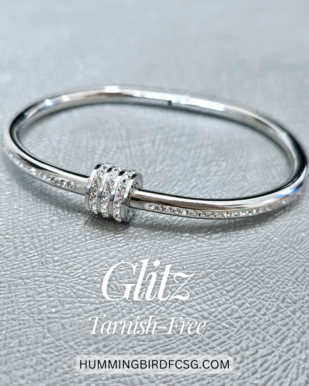 STAINLESS STEEL SILVER BANGLE WITH RHINESTONES