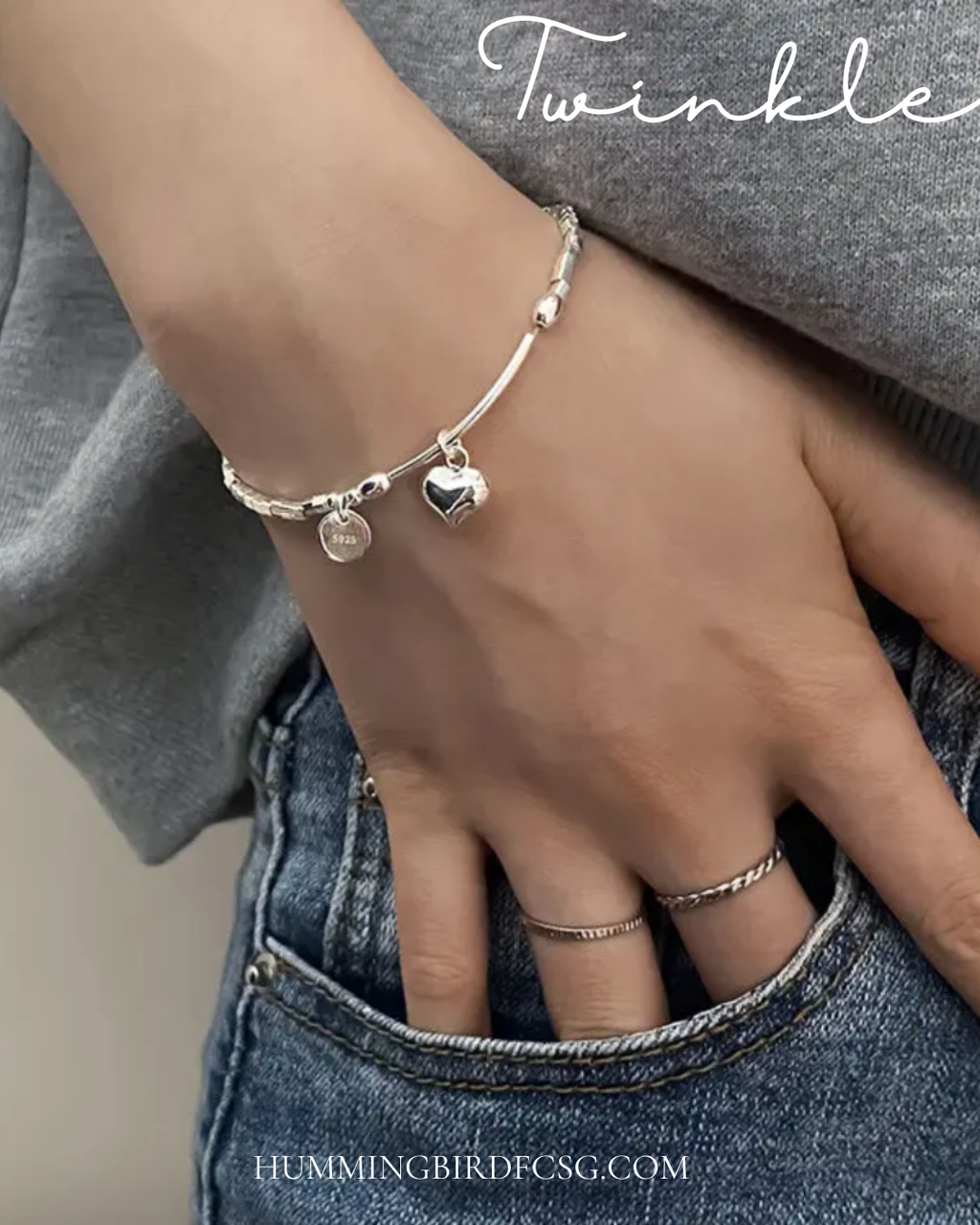 925 STERLING SILVER HEART CHARM SILVER BEADS BRACELET