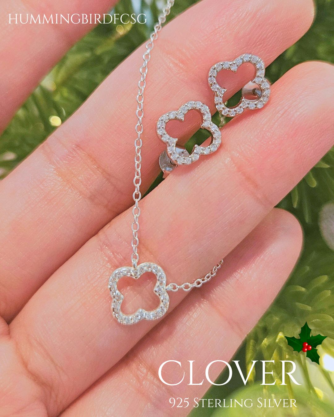 925 STERLING SILVER CLOVER NECKLACE AND EARRINGS SET