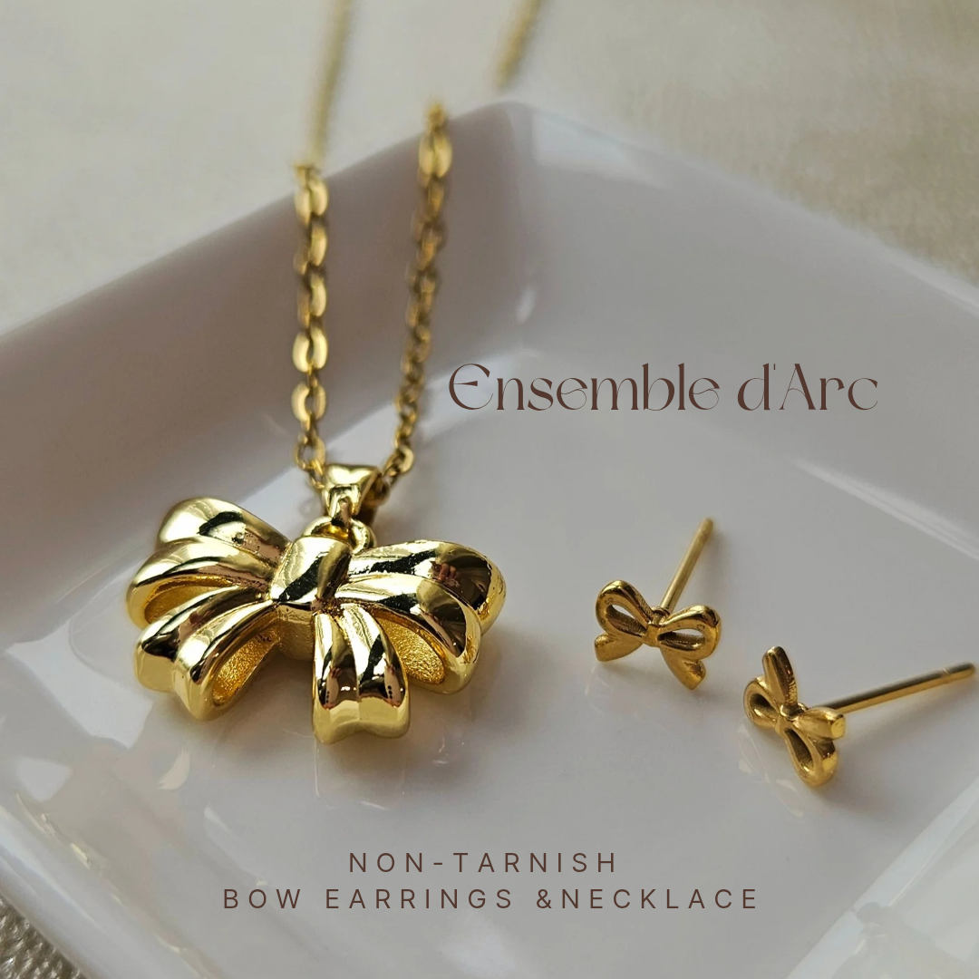 STAINLESS STEEL 18K GOLD-PLATED BOW NECKLACE & EARRINGS SET