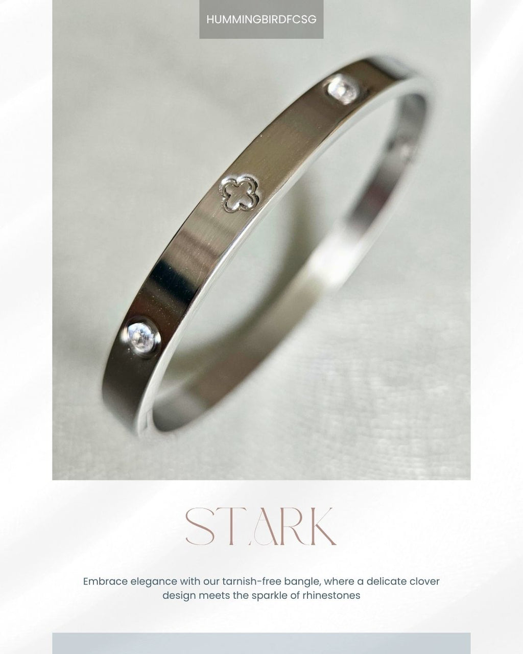 STAINLESS STEEL SILVER CLOVER BANGLE WITH RHINESTONES