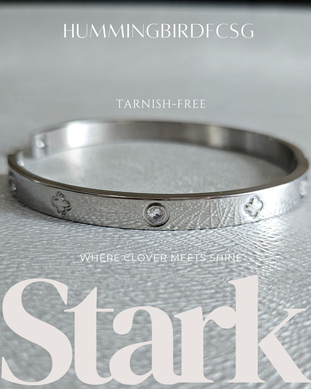 STAINLESS STEEL SILVER CLOVER BANGLE WITH RHINESTONES