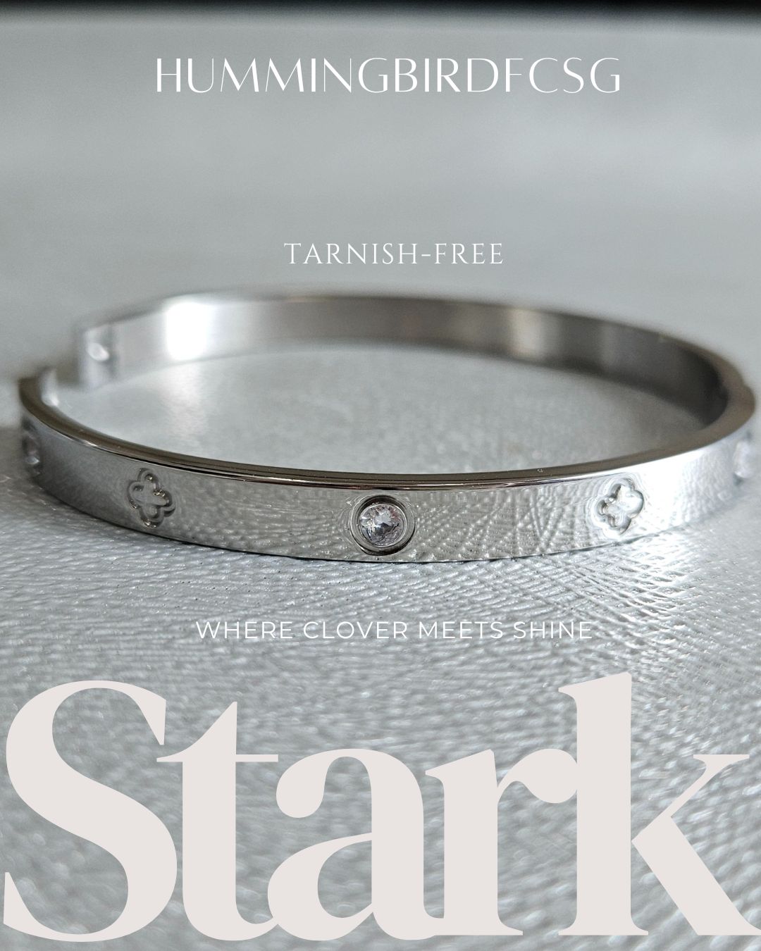 STAINLESS STEEL SILVER CLOVER BANGLE WITH RHINESTONES