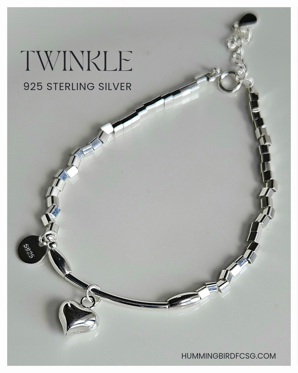925 STERLING SILVER HEART CHARM SILVER BEADS BRACELET